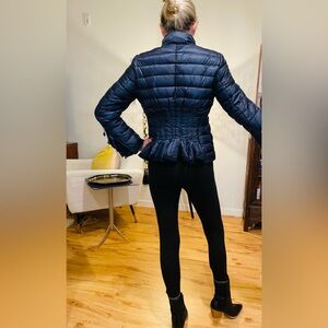 Authentic Montcler Deep Indigo Puffer Jacket with Ruffle Detail.